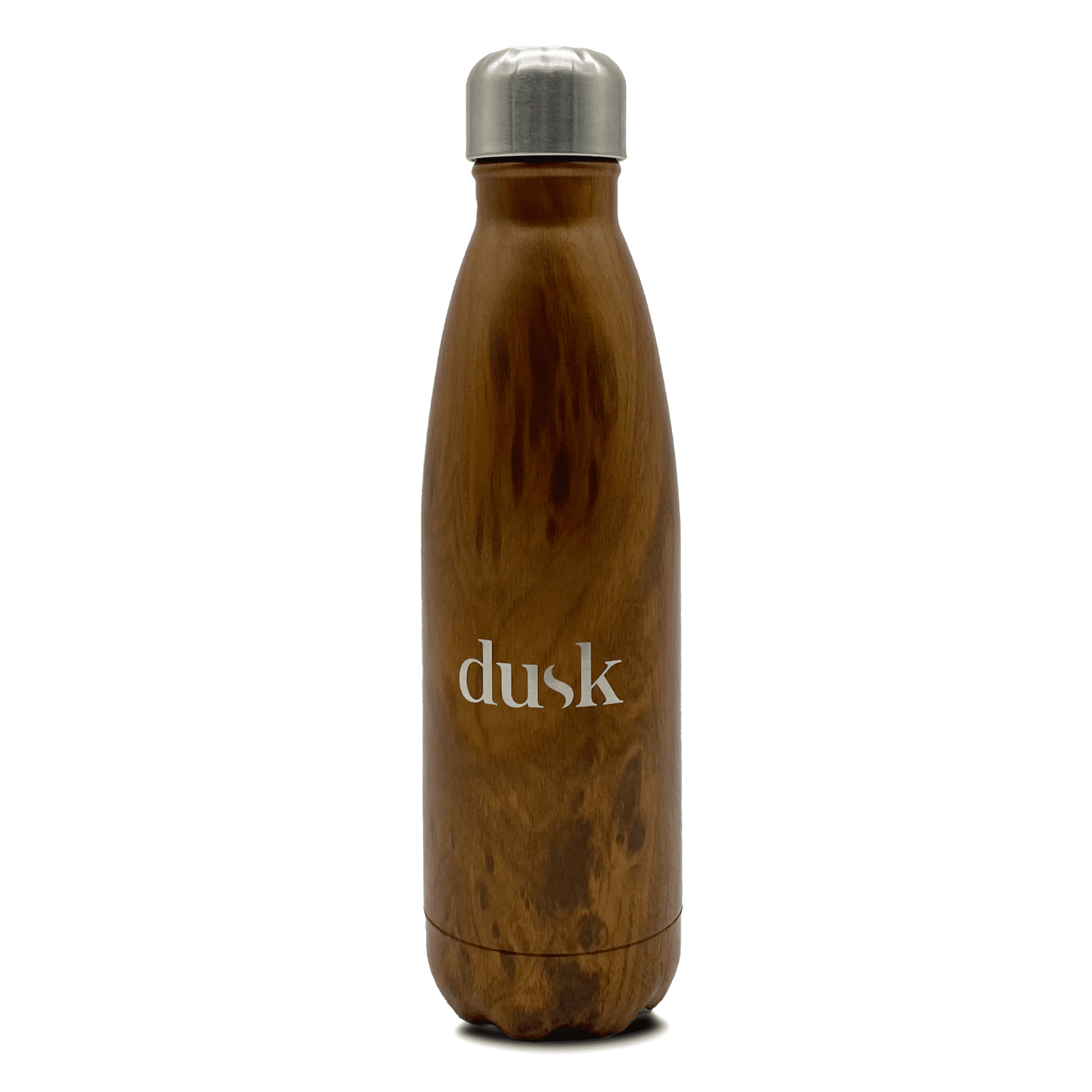 A drink bottle with a sleek wooden finish and a stainless steel cap, featuring a logo on the front.