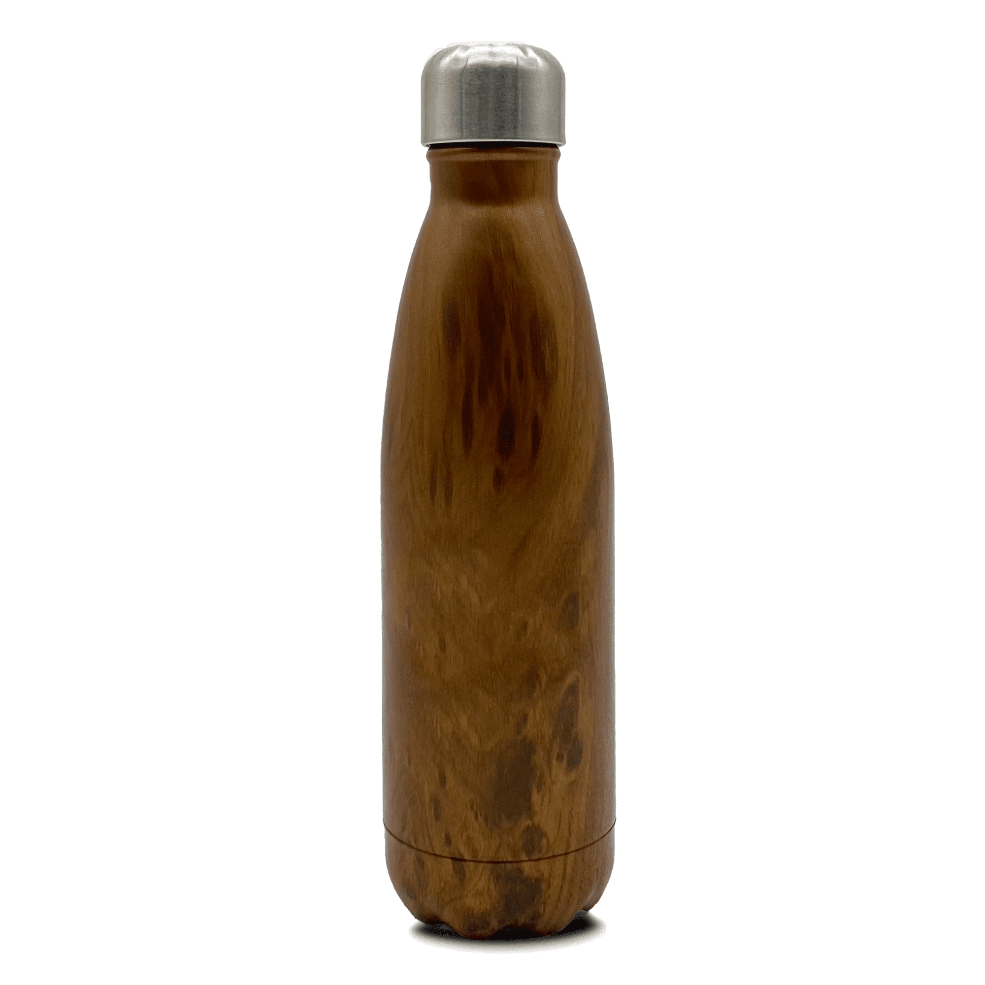 A drink bottle featuring a sleek wooden design with a stainless steel cap. It has a smooth, curved shape.