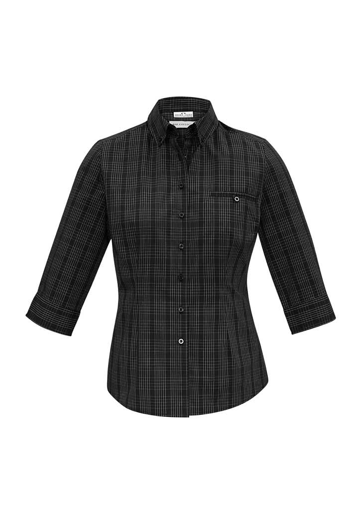 A black and white checked women's 3/4 sleeve button-up shirt with a chest pocket and a logo.