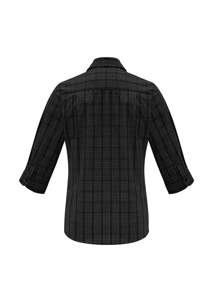A black and grey checked women's button-up shirt with 3/4 sleeves and a collar, featuring a logo.