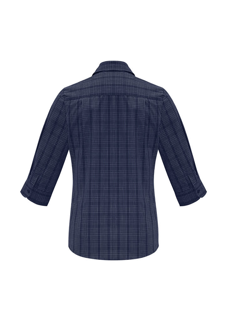 A women's navy plaid button-up shirt featuring 3/4 sleeves and a branding logo on the back.