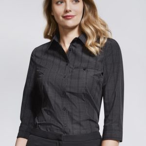 A black checkered women's button-up shirt with 3/4 sleeves and a collar, featuring a small pocket.