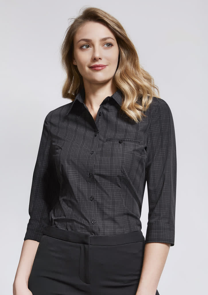 A black checkered women's button-up shirt with 3/4 sleeves and a collar, featuring a small pocket.