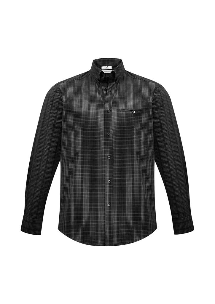 A black patterned long sleeve button-up shirt with a pocket and a logo.