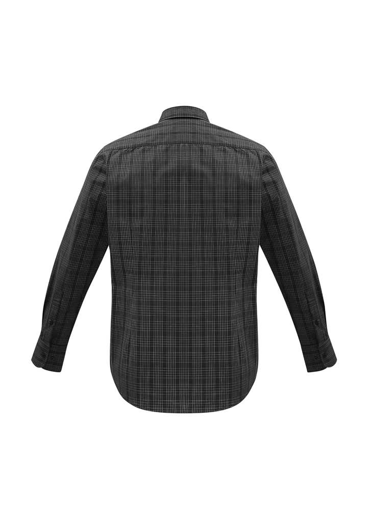 A black and grey checkered long sleeve button-up shirt with a back view. Includes a logo.
