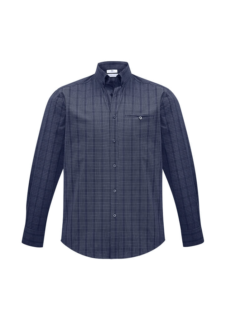 A men's long sleeve button-up shirt in navy with a checkered pattern and a chest pocket, featuring a logo.