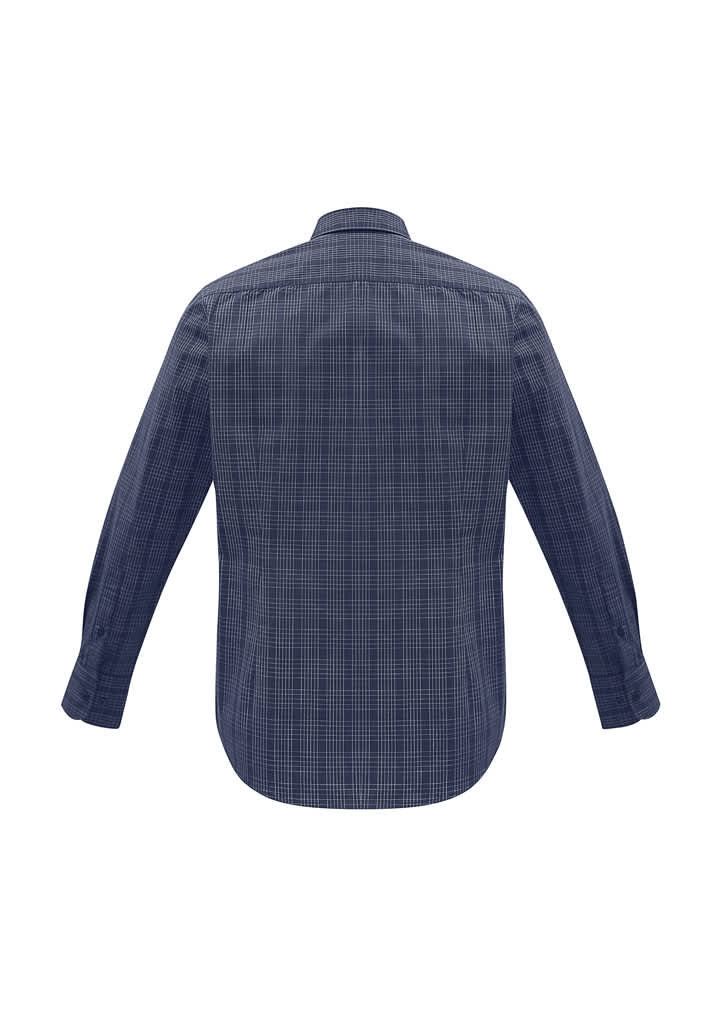 A navy check long sleeve shirt with a button-up design and a back view. It features a logo.