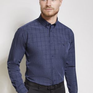A long sleeve button-up shirt in navy blue with a checked pattern, featuring a chest pocket and a logo.