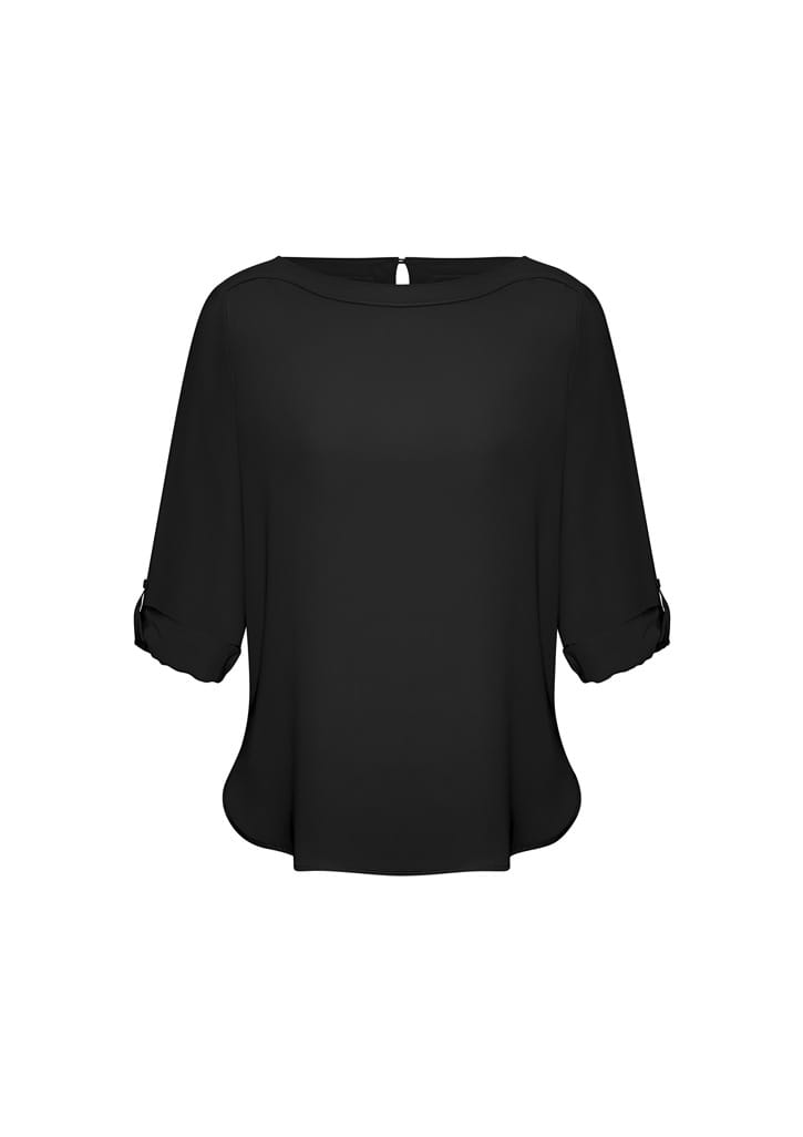 A black women's boatneck top with rolled sleeves and a scooped hem, featuring a back keyhole detail.