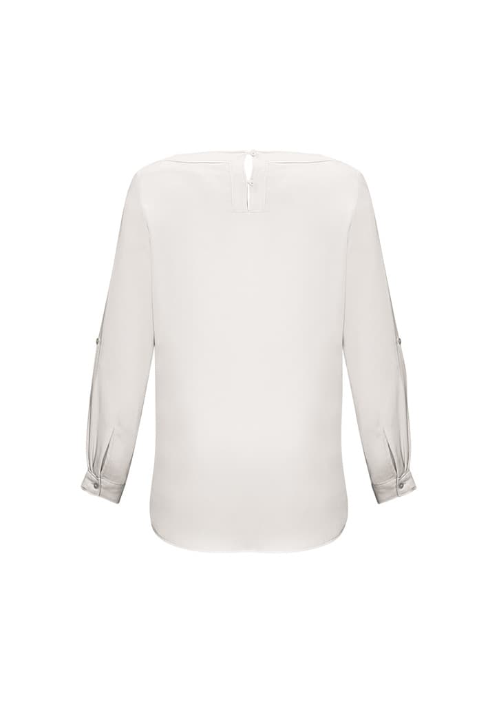 A white women's boatneck top with three-quarter sleeves and button details on the sleeves. It features a back closure and has a logo.
