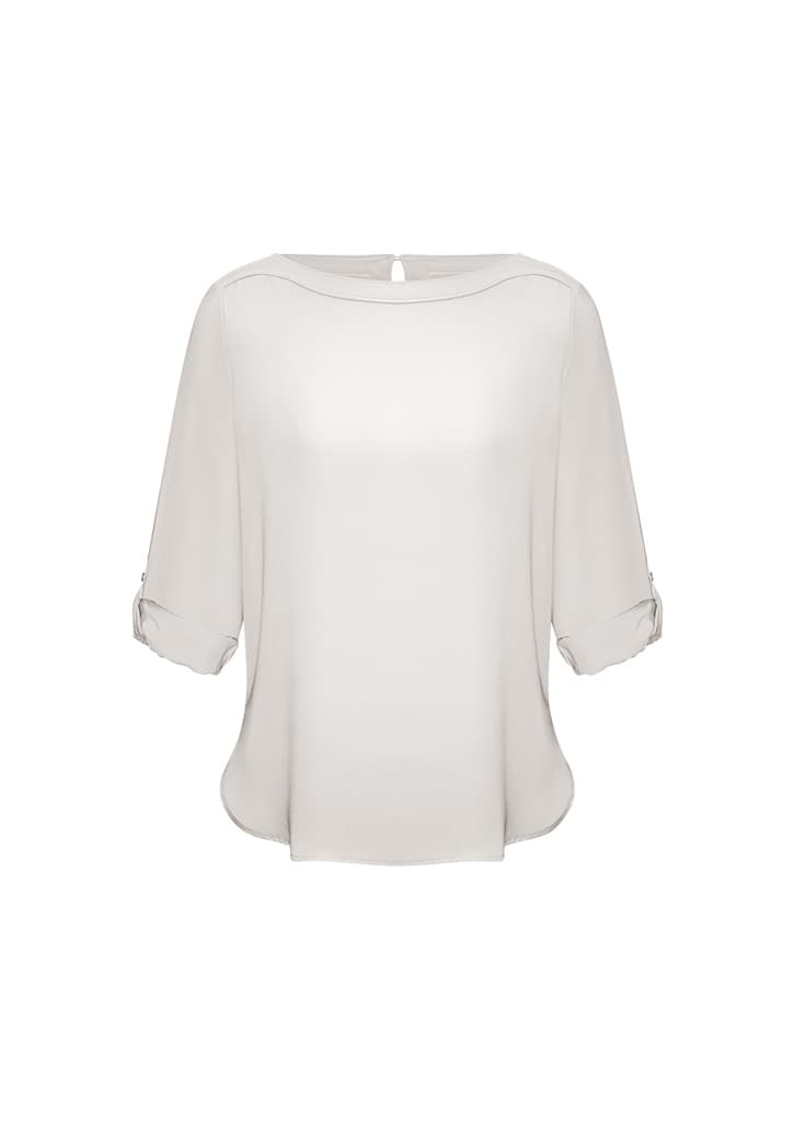 A light grey women's boatneck top with three-quarter sleeves and a subtle back button detail.