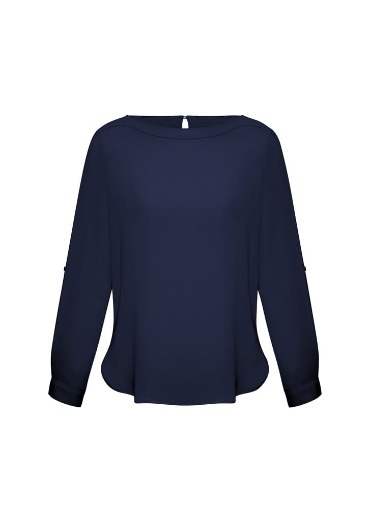 A navy women's boatneck top featuring long sleeves and a relaxed fit, with a small logo at the back.
