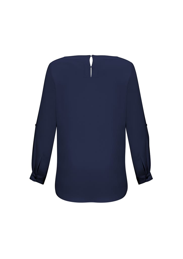 A navy women's boatneck top featuring long sleeves and a keyhole detail at the back, with a logo present.