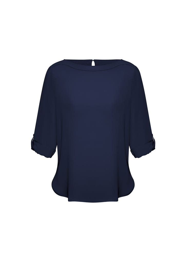 A navy blue women's boatneck top with rolled sleeves and a keyhole back design, featuring a subtle logo.