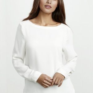A women's white Madison boatneck top with long sleeves, featuring a smooth fabric and a subtle logo.