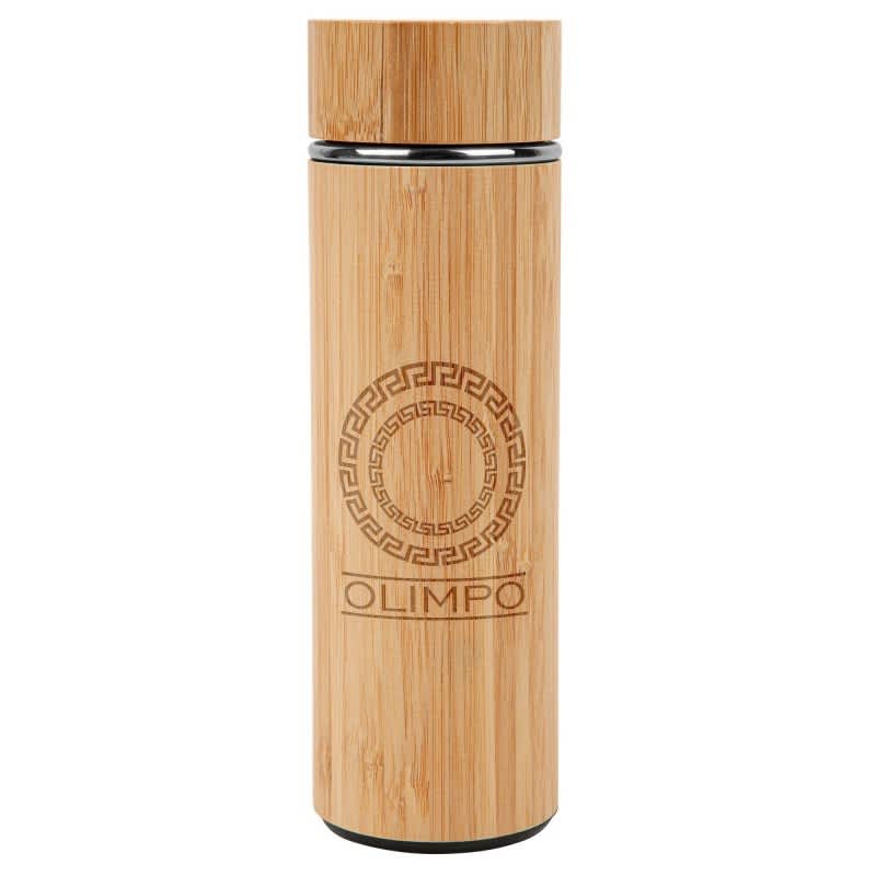 A drink bottle made of bamboo, featuring a silver top and intricate engraved design, with a branding logo.