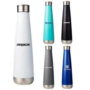 A drink bottle collection featuring various colours: white, teal, black, grey, and metallic silver, with logos on some.