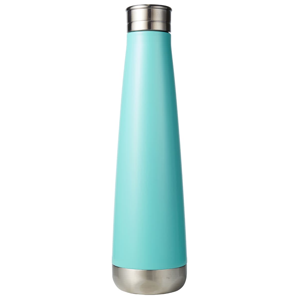 A drink bottle in a teal colour with a stainless steel base and a tapered shape. It features a logo.