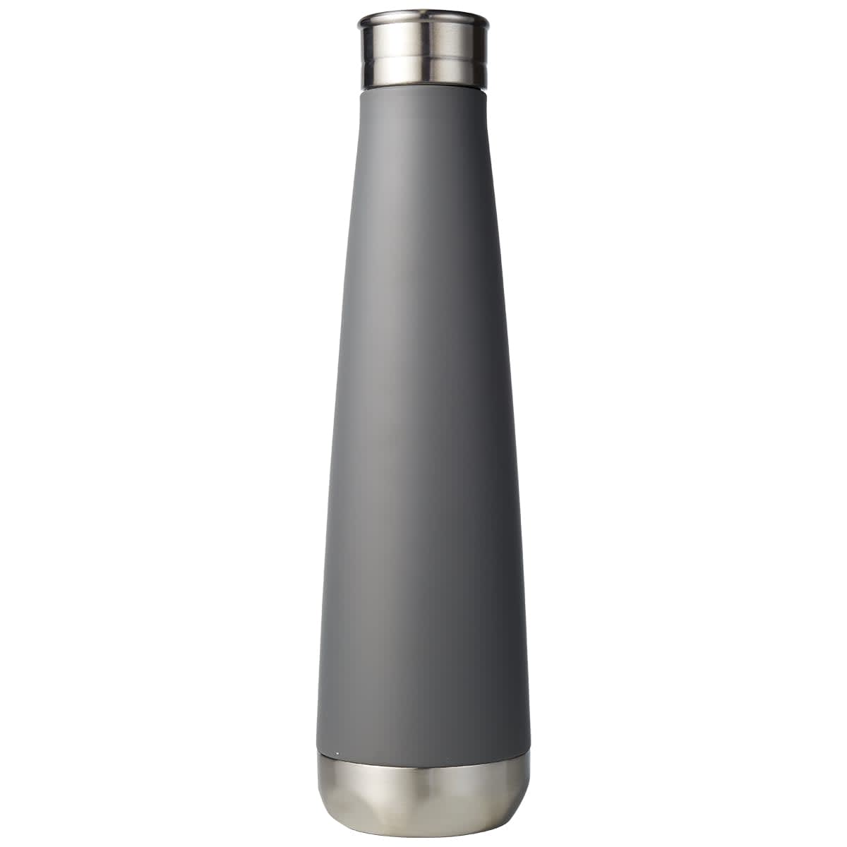 A drink bottle with a sleek grey design and a stainless steel base, featuring a metallic top and a logo.