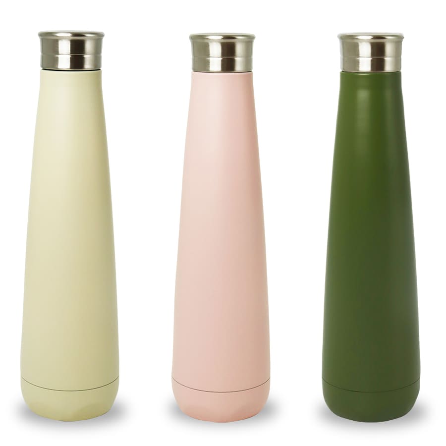 A drink bottle set featuring three insulated bottles in green, pink, and pale green with a metallic silver lid and branding.