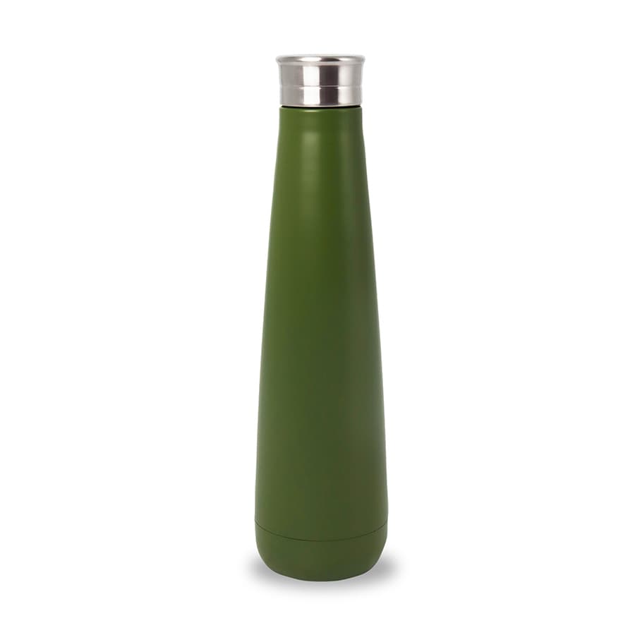 A drink bottle in olive green with a stainless steel lid and a sleek, tapered design. It features a logo.