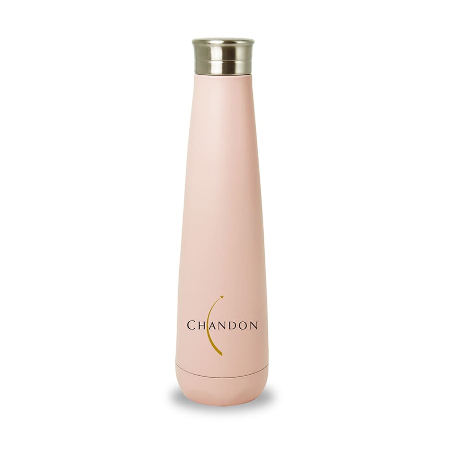 A drink bottle in soft pink with a stainless steel cap and a logo on the front.