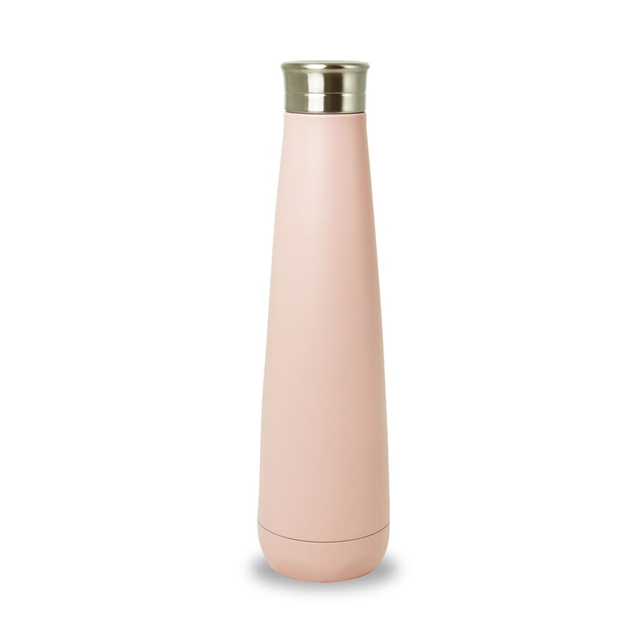 A drink bottle in a soft pink hue with a stainless steel top and a sleek, modern design. Features a branding logo.