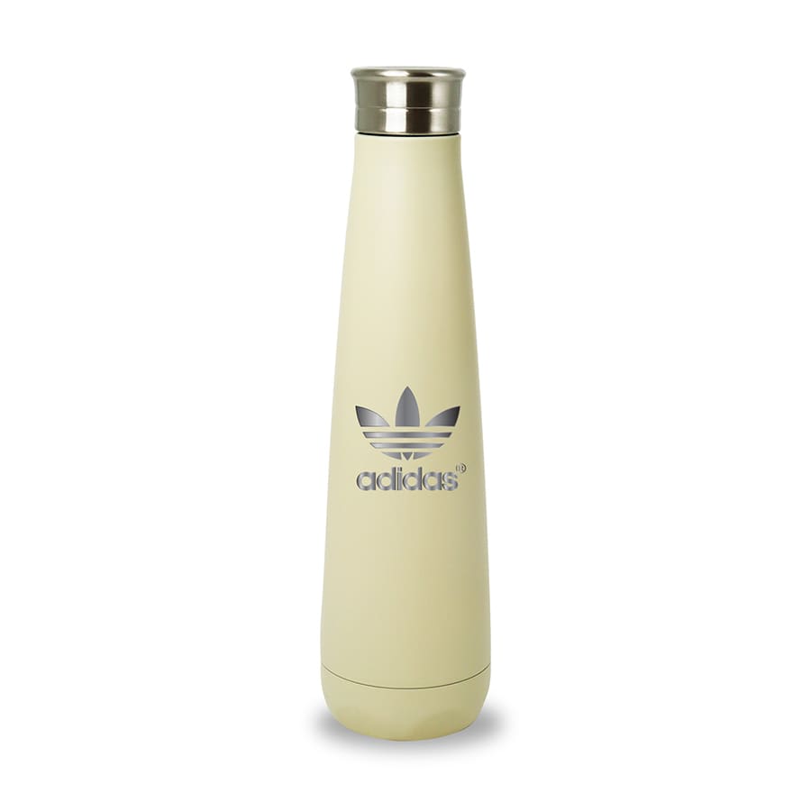 A drink bottle in cream with a stainless steel lid and a logo on the side. Capacity of 500ml.