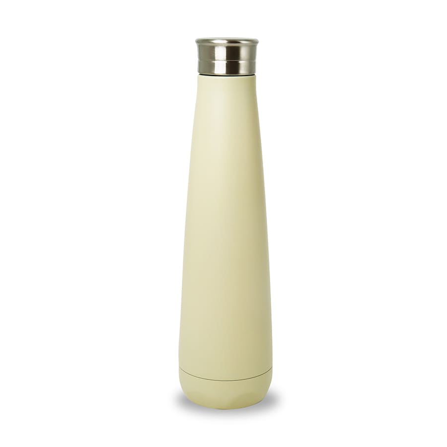 A drink bottle in a cream colour with a stainless steel lid and a sleek, modern design. It features a logo.