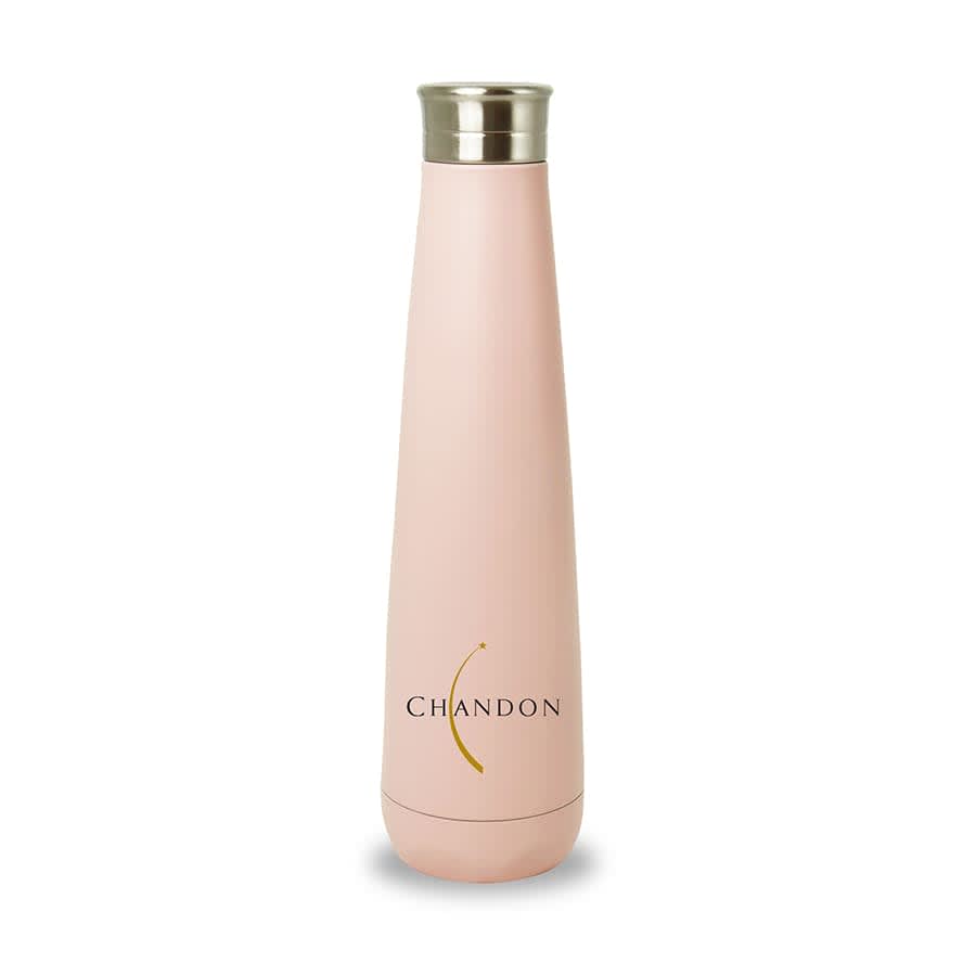 A drink bottle in a soft pink colour with a stainless steel top and a logo.