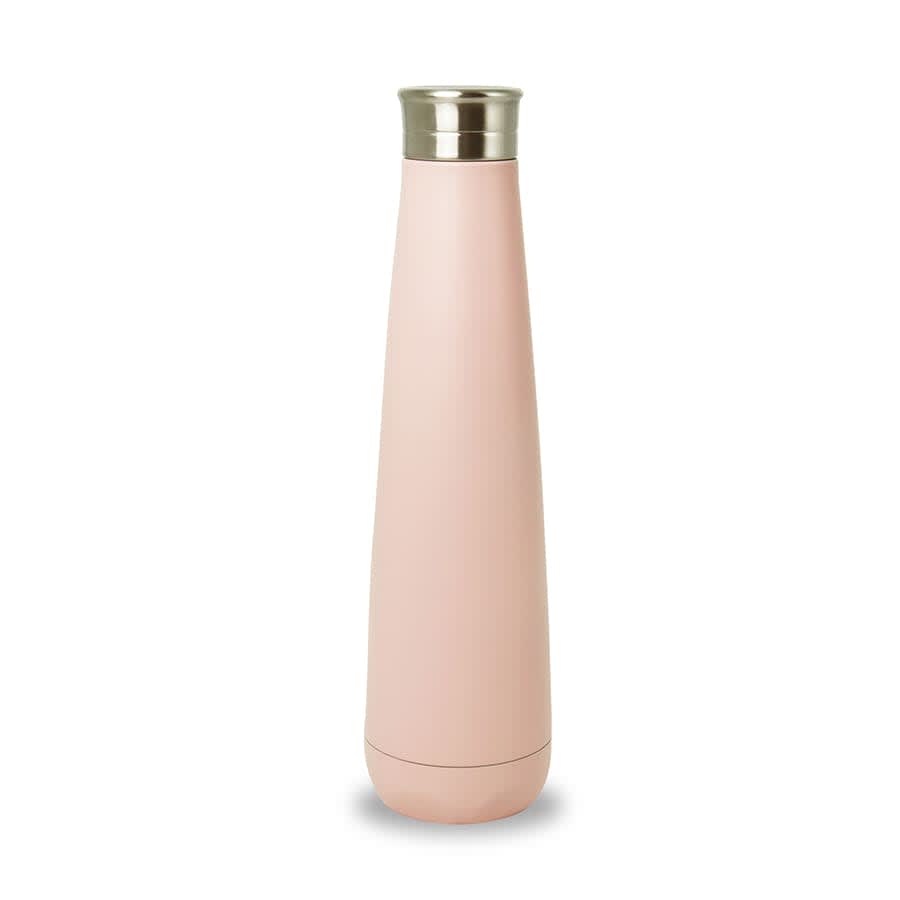 A drink bottle in a soft pink colour with a stainless steel lid and a sleek, tapered design. It features a logo.
