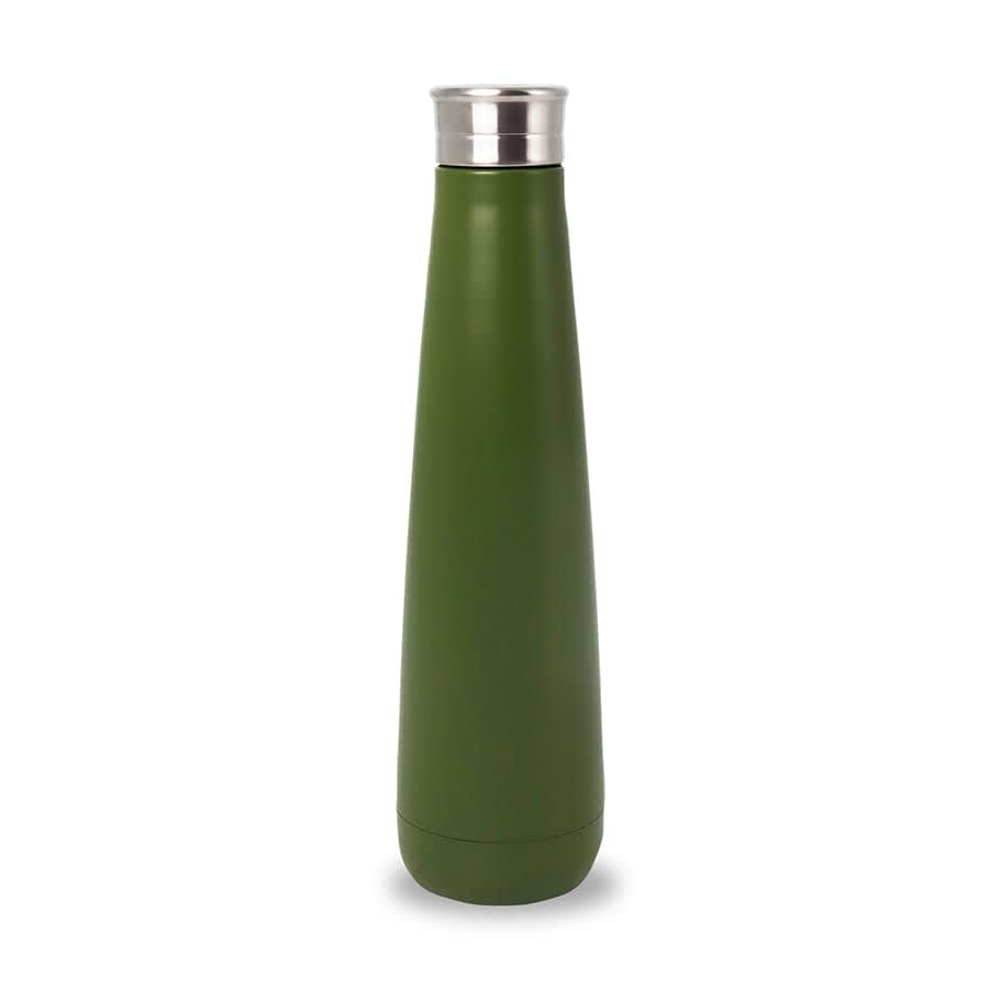 A drink bottle in a sleek green design with a stainless steel lid, featuring a logo on the body.