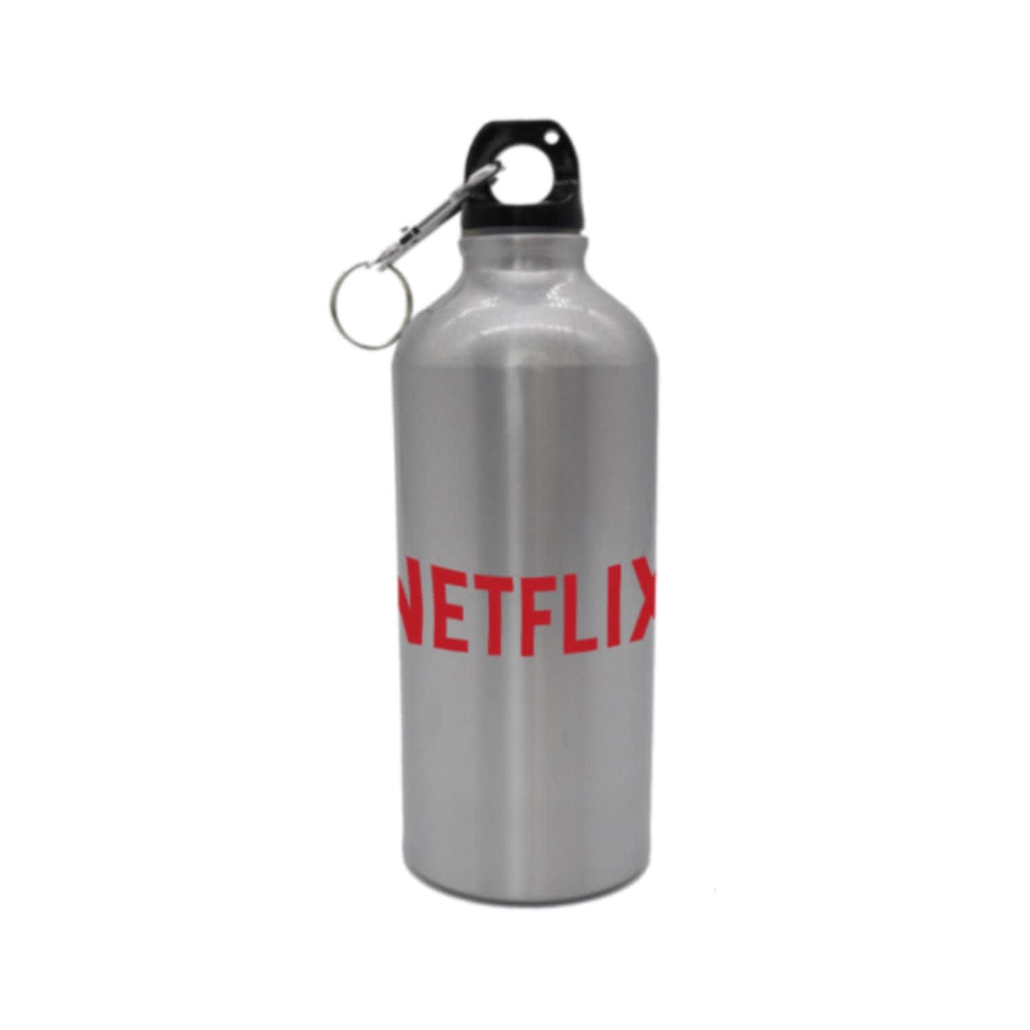 A drink bottle in silver with a black cap and a logo. It has a sleek, metallic finish.
