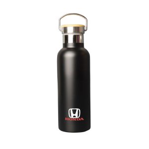 A drink bottle in matte black with a stainless steel lid and a wooden accent, featuring a logo.