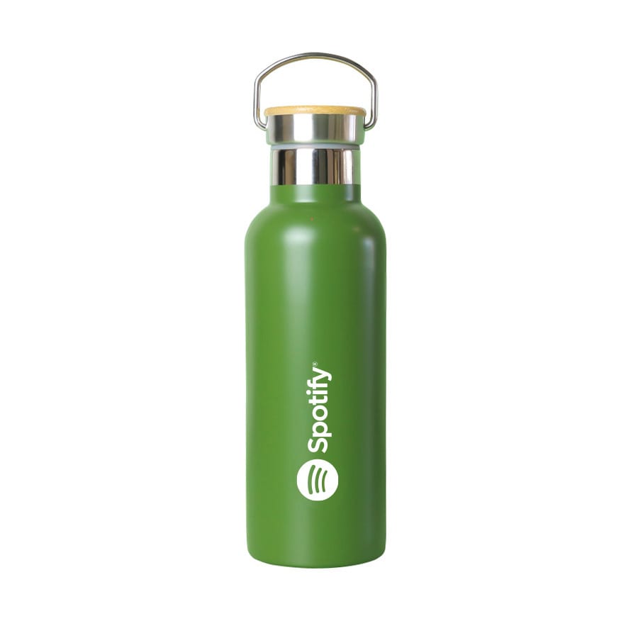 A drink bottle in a matte green finish with a metal and bamboo lid, featuring a logo.