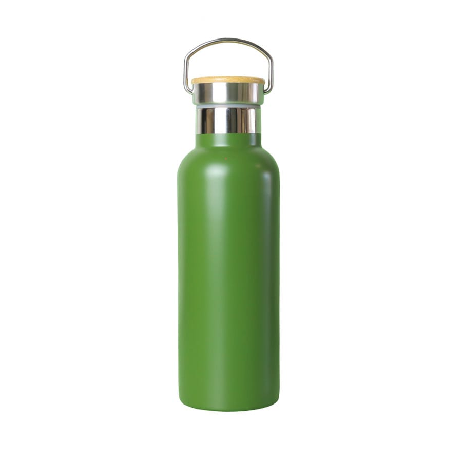 A drink bottle in matte green with a silver lid and a wooden top handle, featuring a branding logo.
