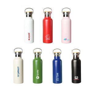 A drink bottle collection featuring white, red, pink, green, blue, and black bottles, each with a logo.