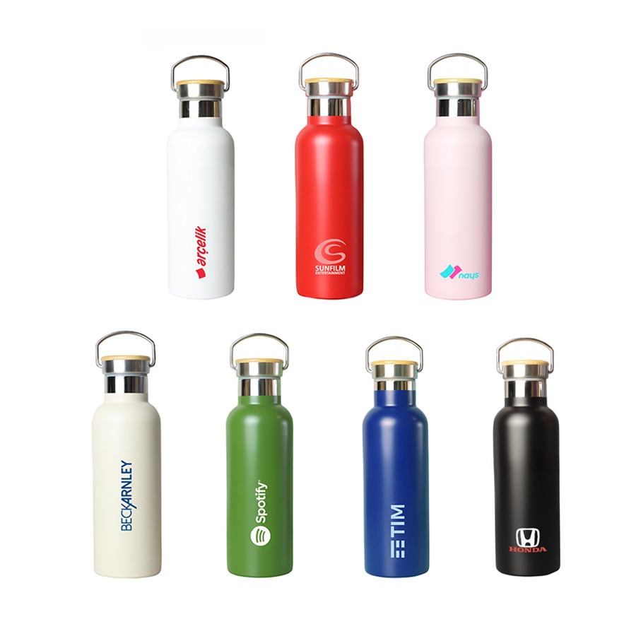 A drink bottle collection featuring white, red, pink, green, blue, and black bottles, each with a logo.
