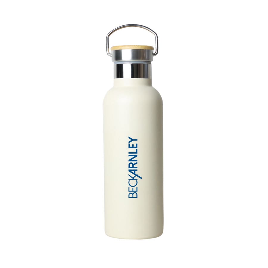 A drink bottle in cream colour with a stainless steel cap and a wooden lid, featuring a logo.