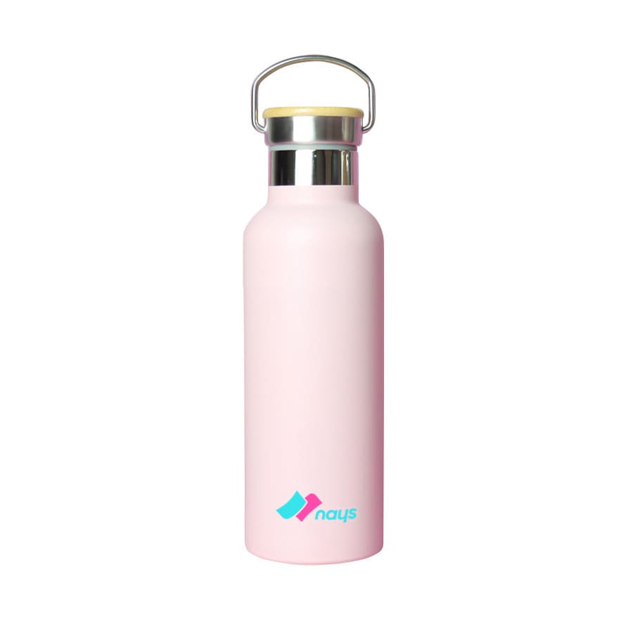A drink bottle in a soft pink colour with a stainless steel lid and a small logo on the front.