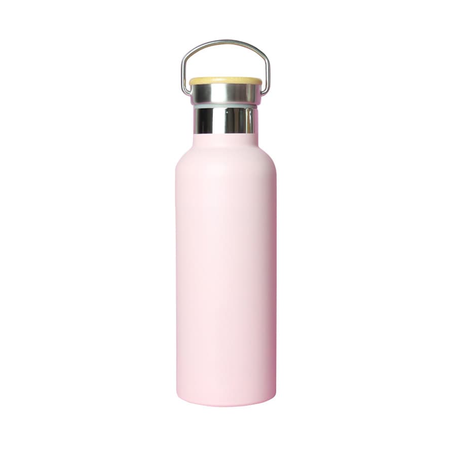 A drink bottle featuring a sleek pink body with a stainless steel lid and a metal carry handle.