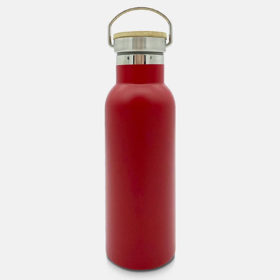 A drink bottle featuring a sleek red design with a stainless steel cap and a wooden handle.