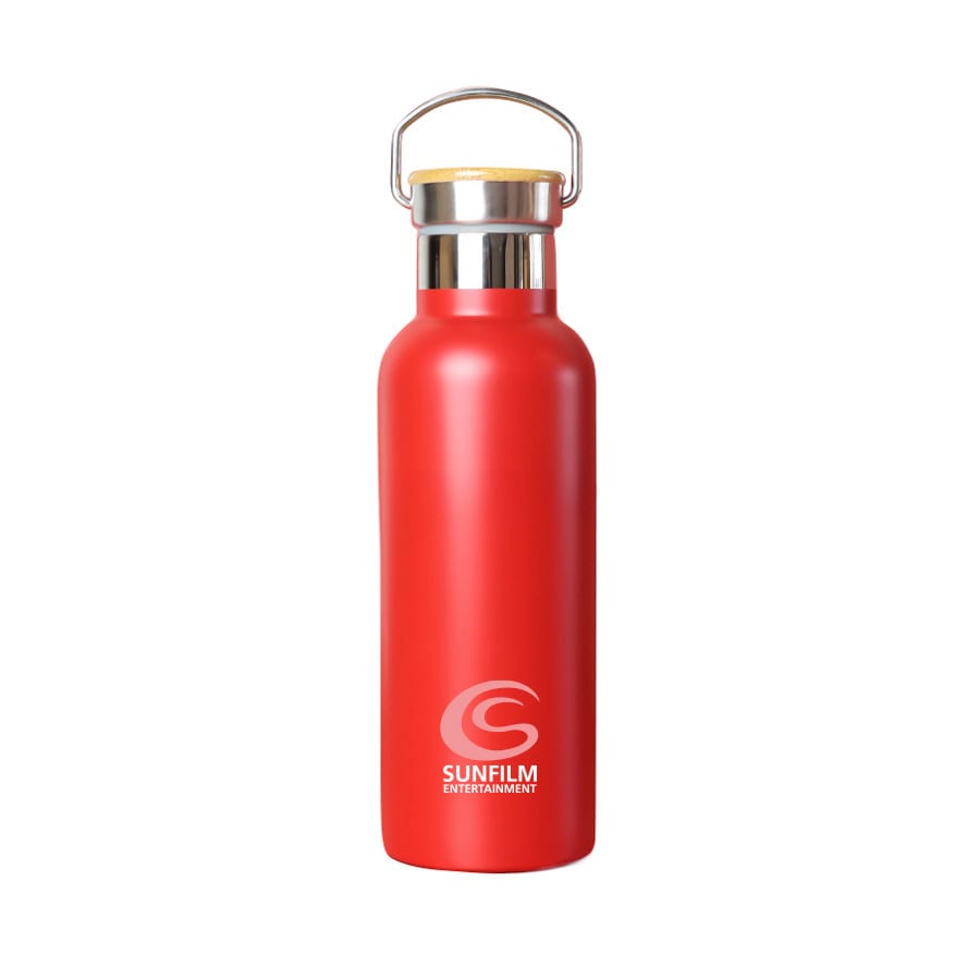 A drink bottle in bright red with a stainless steel top and a metal handle, featuring a logo.