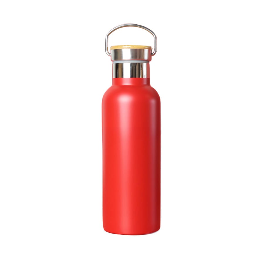 A drink bottle in vibrant red with a stainless steel lid and a loop for carrying. It has a sleek, modern design.