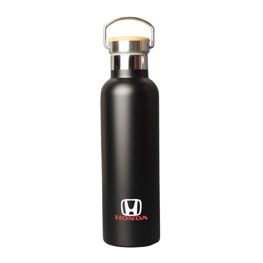 A drink bottle with a sleek black finish, featuring a metal lid and a branding logo.