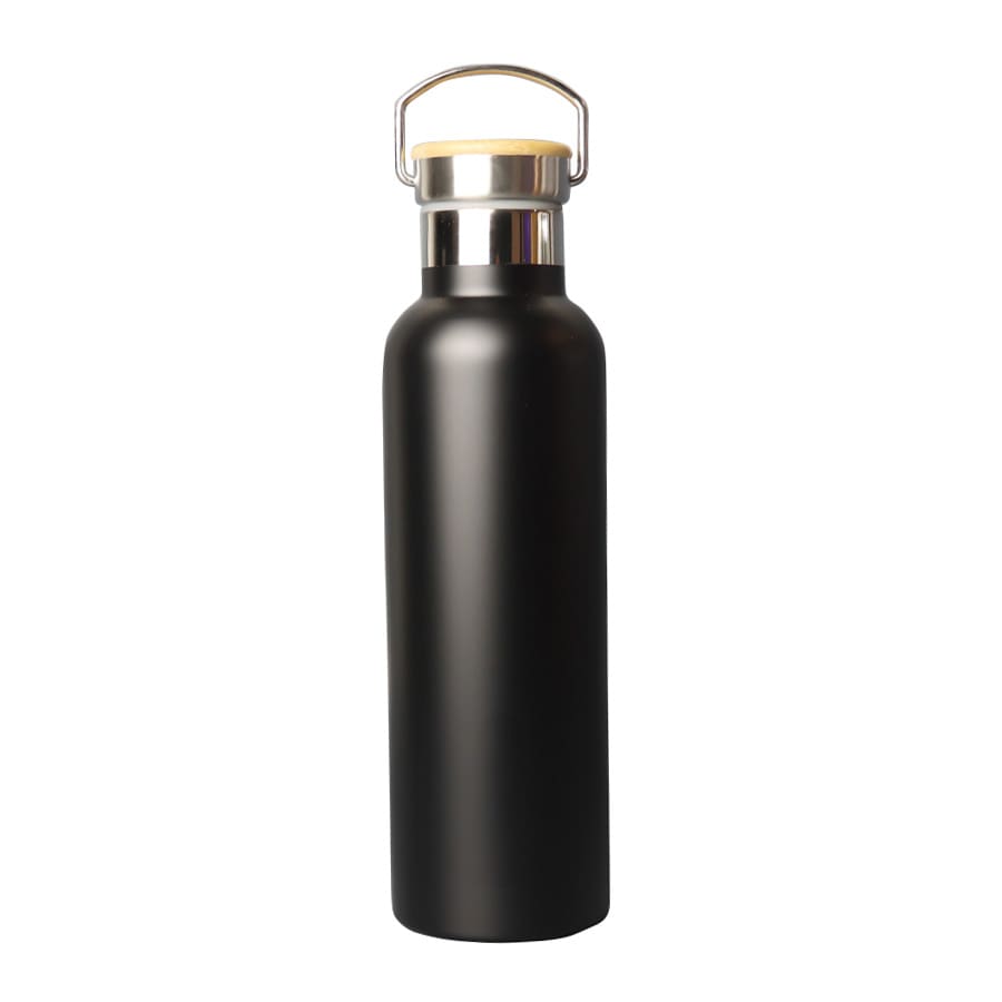 A drink bottle in matte black with a stainless steel lid and a bamboo accent, featuring a handle and a logo.