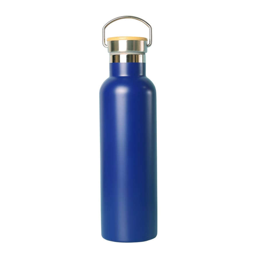 A drink bottle in a deep blue colour with a silver lid and wooden accent, featuring a handle and a logo.