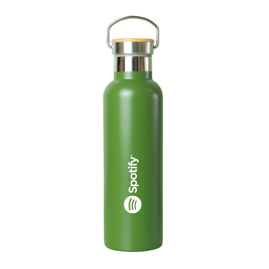 A drink bottle in matte green with a stainless steel cap and a wooden lid. It has a logo on the front.