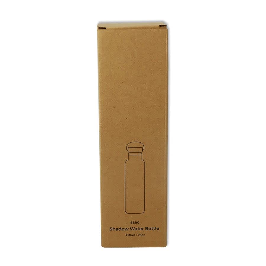 A drink bottle in a brown cardboard box, featuring a simple outline design and a logo.