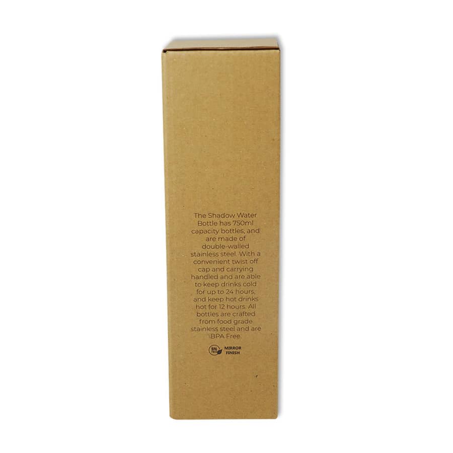 A drink bottle with a stainless steel body in a natural cardboard package, featuring branding on the side.